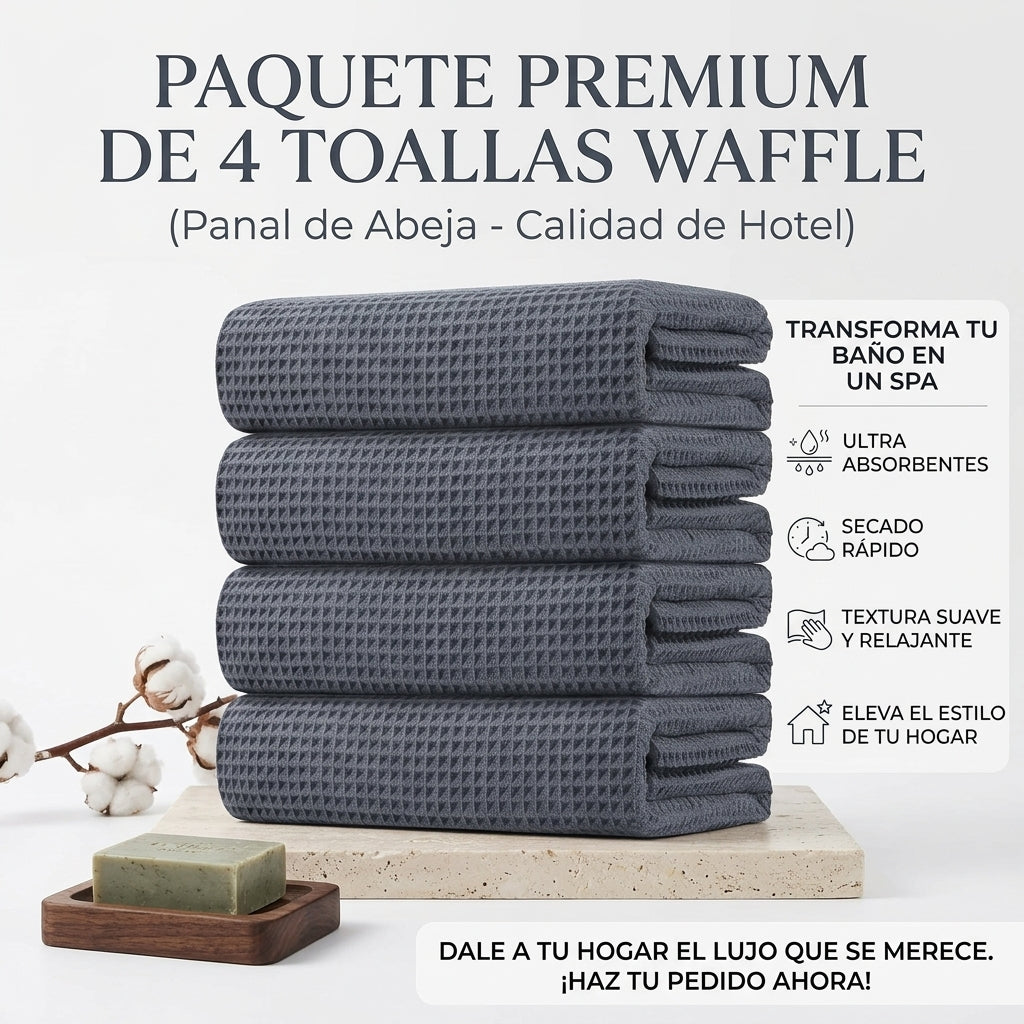 Pack 4 Toallas Waffle Premium Absorbentes Secado Rápido Spa